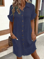 Summer Short Sleeve Shirt Dress Fashion Solid Color Single-breasted Mid-length Loose Dress
