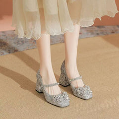 2025 New Champagne Rhinestone Bow Mary Jane Heels Fairy Style Ankle Strap Chunky Heel Pumps