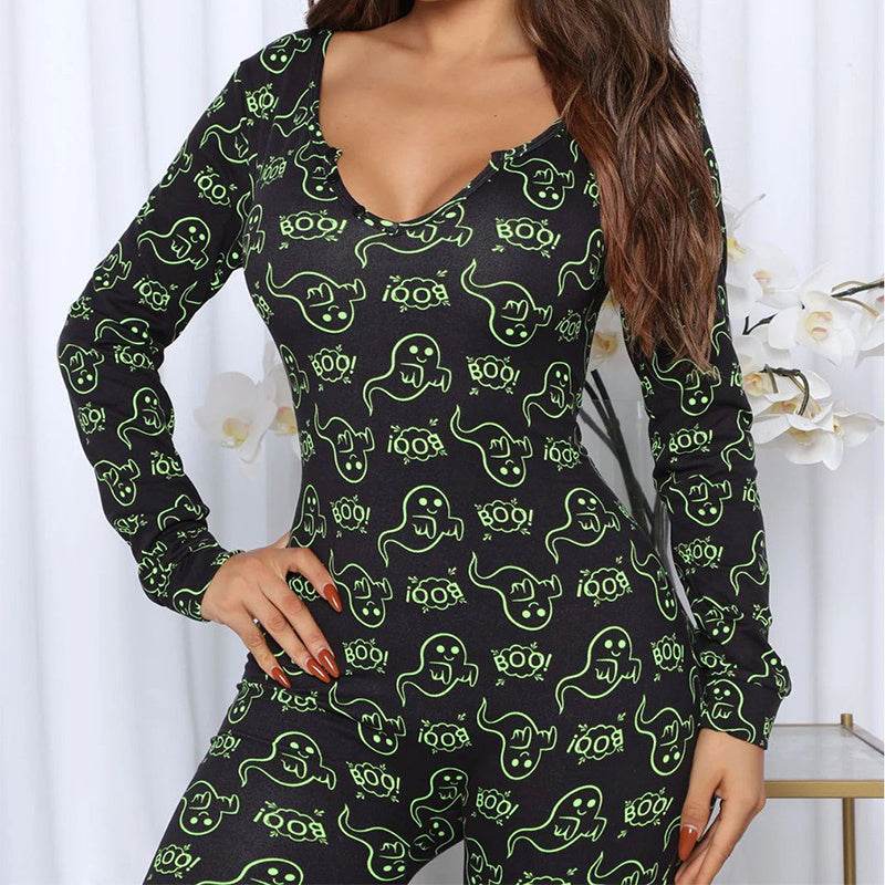 Halloween Printed Jumpsuit Long Sleeve Home Pajamas Casual Trousers Women's Cos Clothing - ProTrendyz