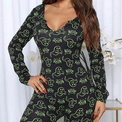 Halloween Printed Jumpsuit Long Sleeve Home Pajamas Casual Trousers Women's Cos Clothing - ProTrendyz