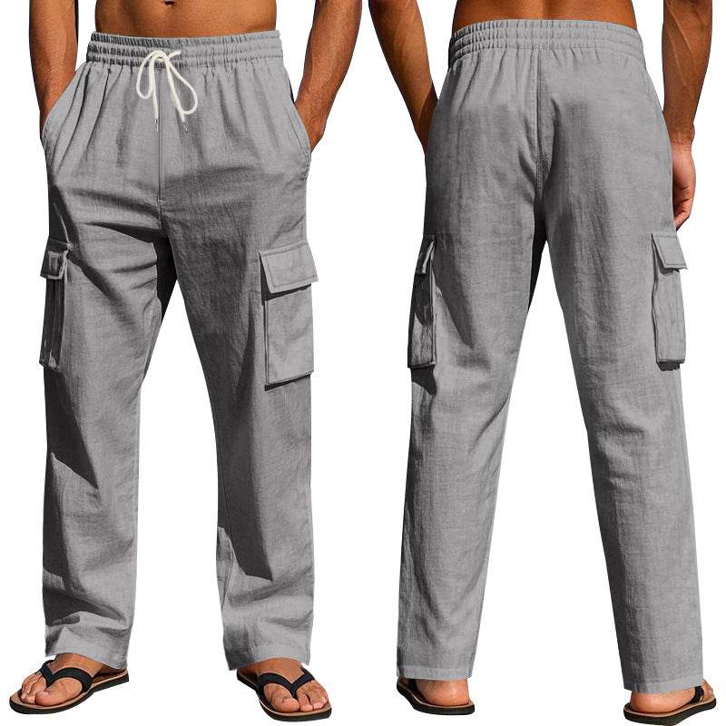 Men's Workwear Multi-pocket Straight Linen Pants Linen Four Seasons Thin Breathable Cargo Pants, Multi-pocket Loose Casual Trendy Wide-leg Pants - ProTrendyz
