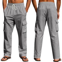 Men's Workwear Multi-pocket Straight Linen Pants Linen Four Seasons Thin Breathable Cargo Pants, Multi-pocket Loose Casual Trendy Wide-leg Pants - ProTrendyz