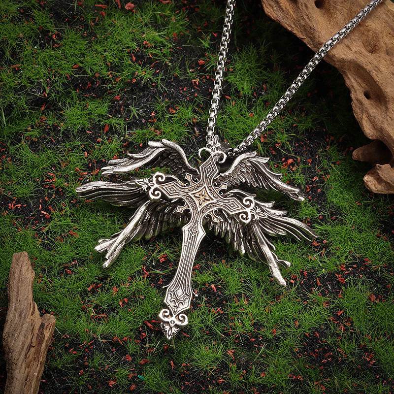 Vintage Silver Six Winged Angel Wings Cross Pendant Necklace - ProTrendyz