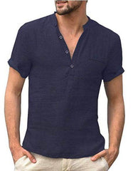 Casual Linen Solid Color Shirt Button V Neck Beach Shirt Men Summer Tops - ProTrendyz