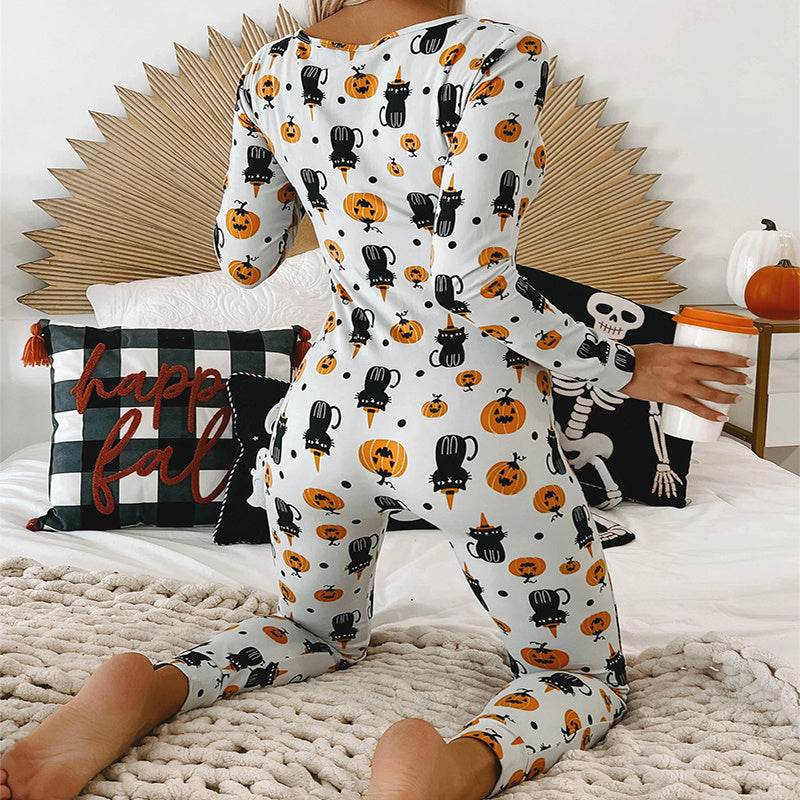 Halloween Printed Jumpsuit Long Sleeve Home Pajamas Casual Trousers Women's Cos Clothing - ProTrendyz