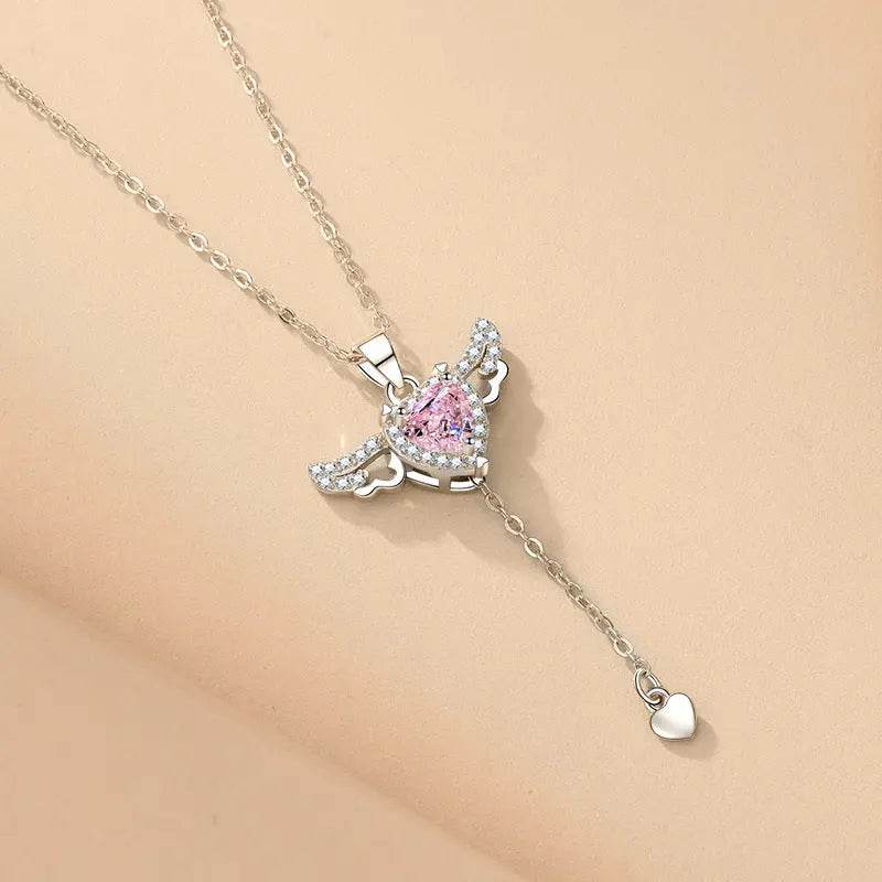Moving Cupid Heart Angel Wings Tassel Necklace With Crystal Clavicle Chain Women Jewelry Gift Valentine's Day US - ProTrendyz