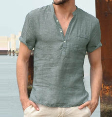 Casual Linen Solid Color Shirt Button V Neck Beach Shirt Men Summer Tops - ProTrendyz