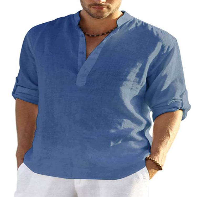 Men's Casual Cotton Linen Solid Color Long Sleeve Shirt Loose Stand Collar - ProTrendyz