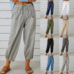 Women Drawstring Tie Pants Spring Summer Cotton And Linen Trousers With Pockets Button - ProTrendyz