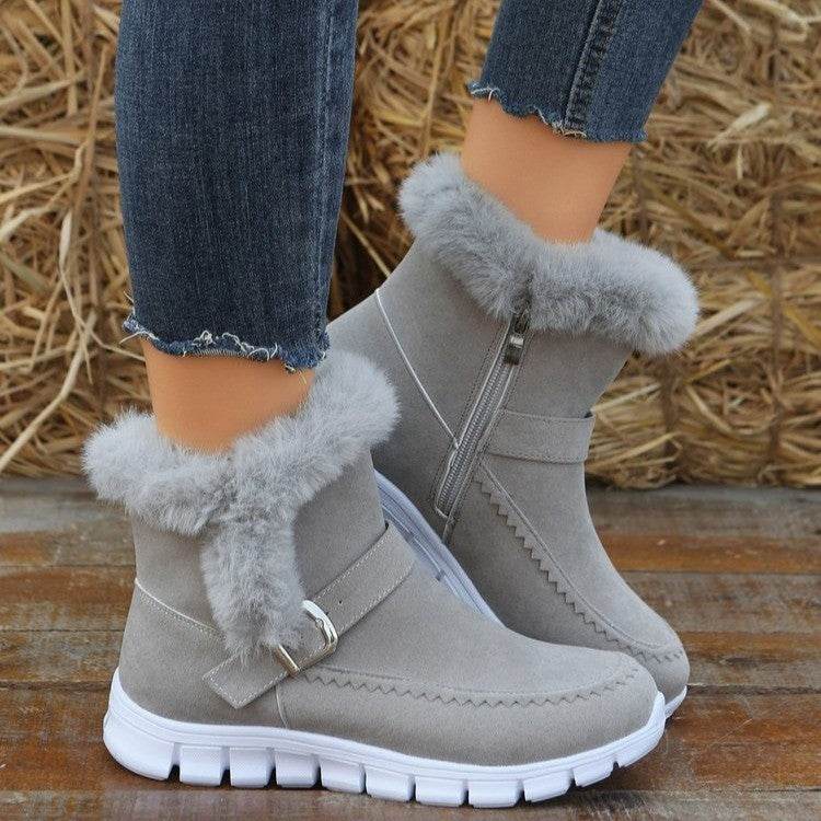 New Snow Boots Winter Warm Thickened Solid Color Plush Ankle Boots With Buckle Design Plus Velvet Flat Shoes For Women - ProTrendyz