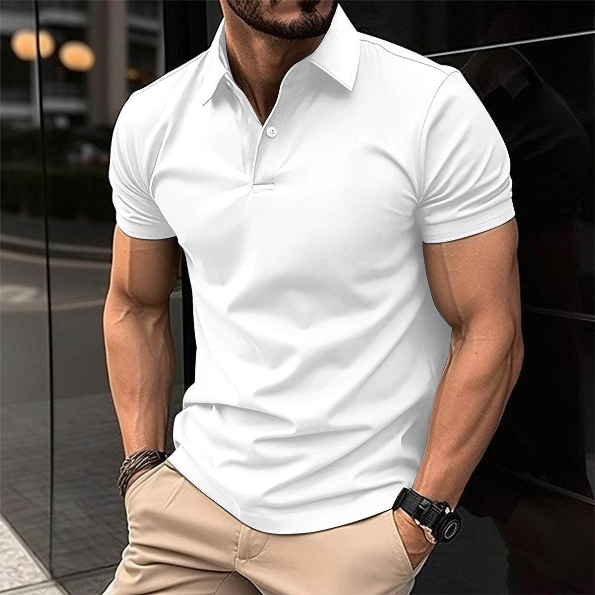 Summer Short Sleeve Polo Shirt Men Solid Color Button Lapel Button Top - ProTrendyz