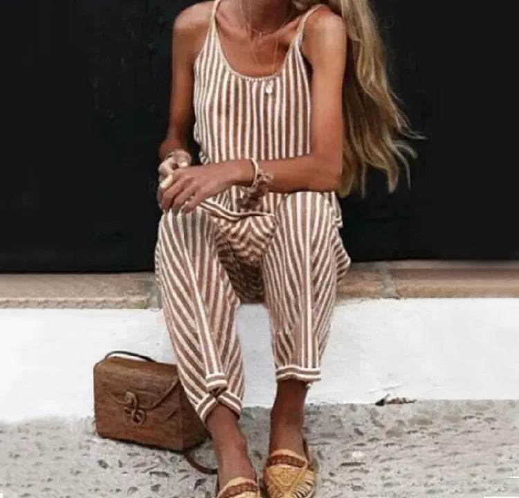Striped Bib Jumpsuit With Pockets Summer Fashion Loose Wide-leg Pants For Women Clothing - ProTrendyz