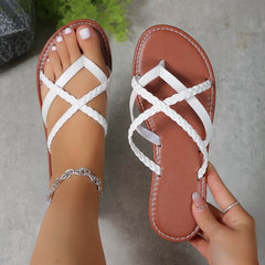 Cross-woven Design Thong Sandals Summer Flat Shoes Women Flip Flops Slides Casual Vacation Beach Slippers - ProTrendyz