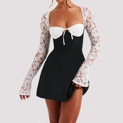 Y2K Lace Long Sleeve Dress Fashion Sexy Corset Backless Lace Up Short Dresses Womens Clothing