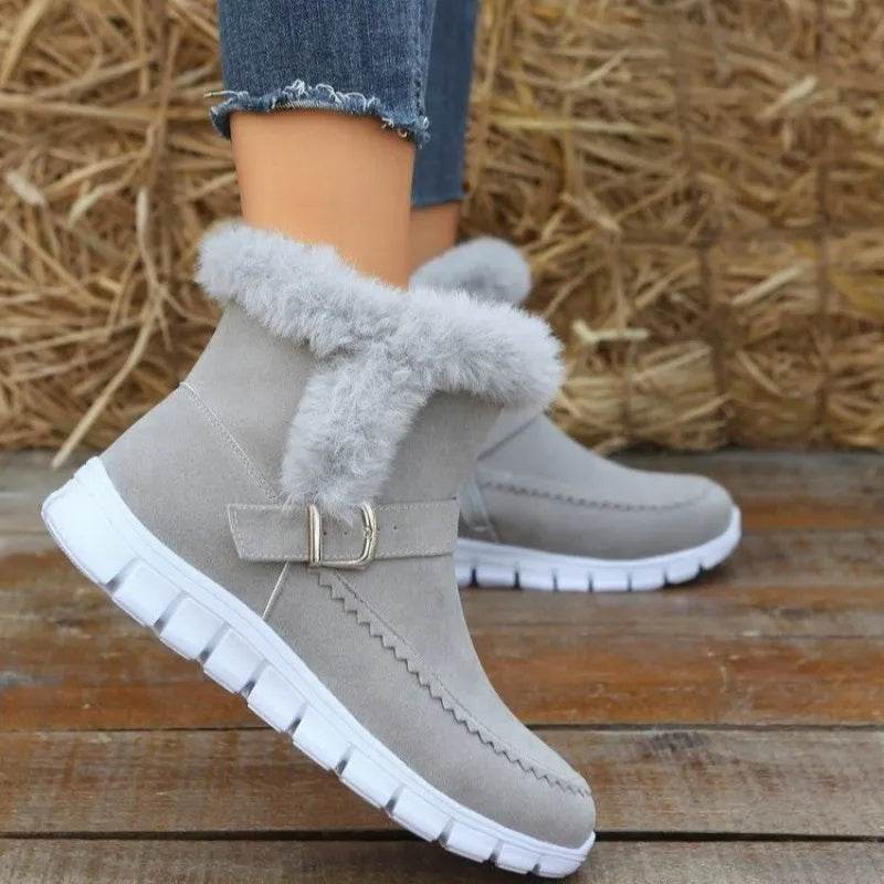 New Snow Boots Winter Warm Thickened Solid Color Plush Ankle Boots With Buckle Design Plus Velvet Flat Shoes For Women - ProTrendyz