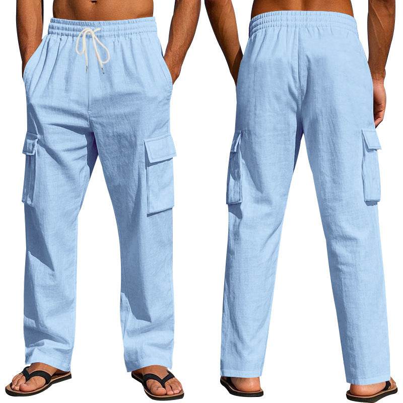 Men's Workwear Multi-pocket Straight Linen Pants Linen Four Seasons Thin Breathable Cargo Pants, Multi-pocket Loose Casual Trendy Wide-leg Pants - ProTrendyz