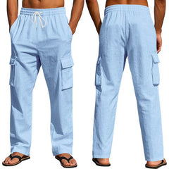 Men's Workwear Multi-pocket Straight Linen Pants Linen Four Seasons Thin Breathable Cargo Pants, Multi-pocket Loose Casual Trendy Wide-leg Pants - ProTrendyz