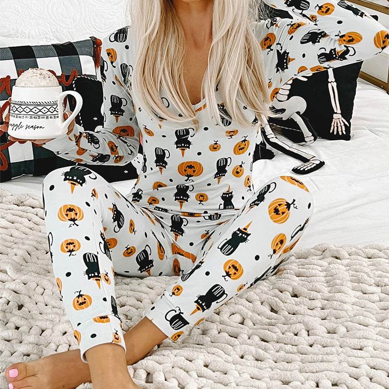 Halloween Printed Jumpsuit Long Sleeve Home Pajamas Casual Trousers Women's Cos Clothing - ProTrendyz