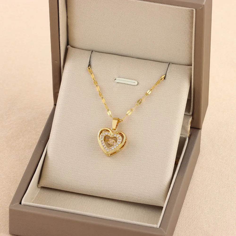 Double-layer Love Necklace With Rhinestones Titanium Steel Pendant Fashion Jewelry Woman Valentines Day Gift US - ProTrendyz