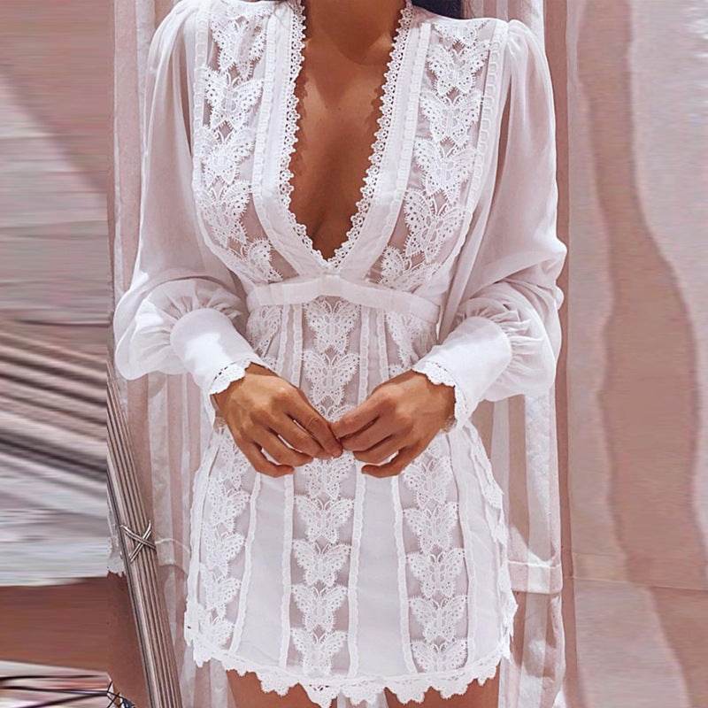 White Elegant Dresses Sexy V Neck Lace Dress Long Puff Sleeve Butterfly Dress For Women - ProTrendyz