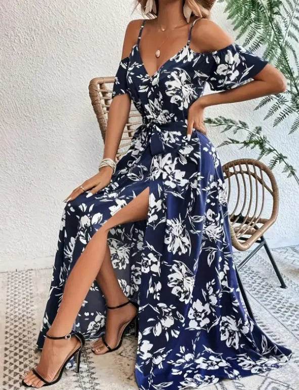 Flower Print Split Suspender Dress With Lace-up Design Summer Fashion Long Dresses Beach Clothing For Women - ProTrendyz