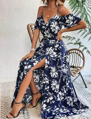 Flower Print Split Suspender Dress With Lace-up Design Summer Fashion Long Dresses Beach Clothing For Women - ProTrendyz