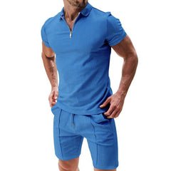 2Pcs Casual Waffle Suit Summer Zipper Lapel Short-sleeved Top And Drawstring Pockets Shorts Versatile Solid Color T-shirt Set For Mens Clothing - ProTrendyz