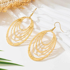 European And American Fashion Elegant 3 Layer Hollow Oval Shaped Big Gold-color Stainless Steel Dangle Drop Earrings - ProTrendyz