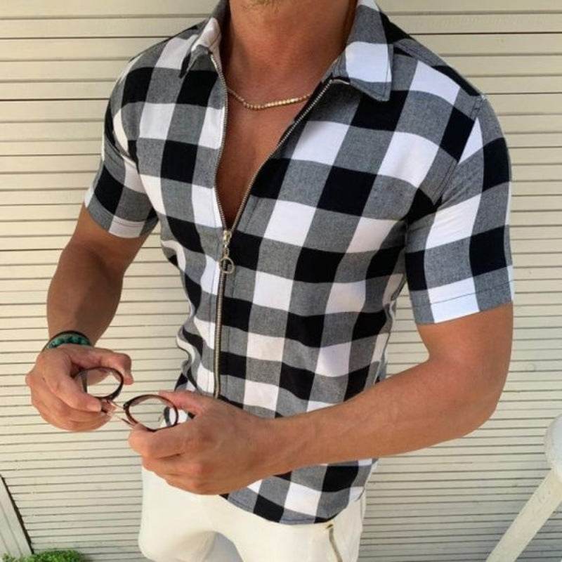 Plaid T Shirt Mens Zipper Short Sleeve Shirts Summer Men Clothing - ProTrendyz