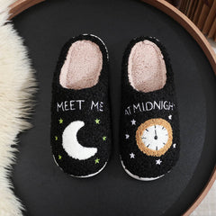 Fashion Moon And Clock Print Home Slippers Winter Warm Floor Bedroom House Shoes For Women - ProTrendyz