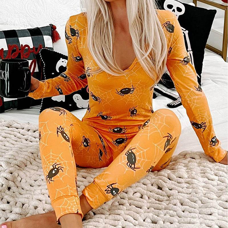Halloween Printed Jumpsuit Long Sleeve Home Pajamas Casual Trousers Women's Cos Clothing - ProTrendyz