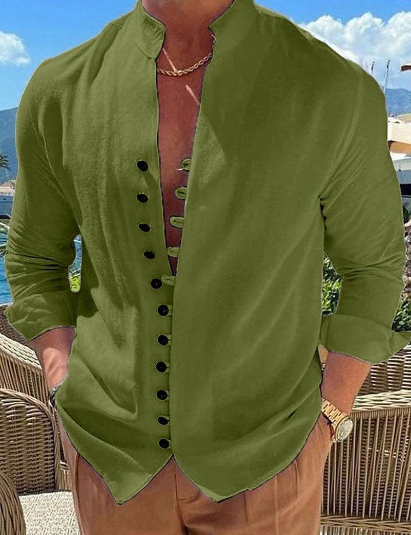 Retro Button Design Long-sleeved Shirt Men's Casual Loose Top Mens Clothing - ProTrendyz