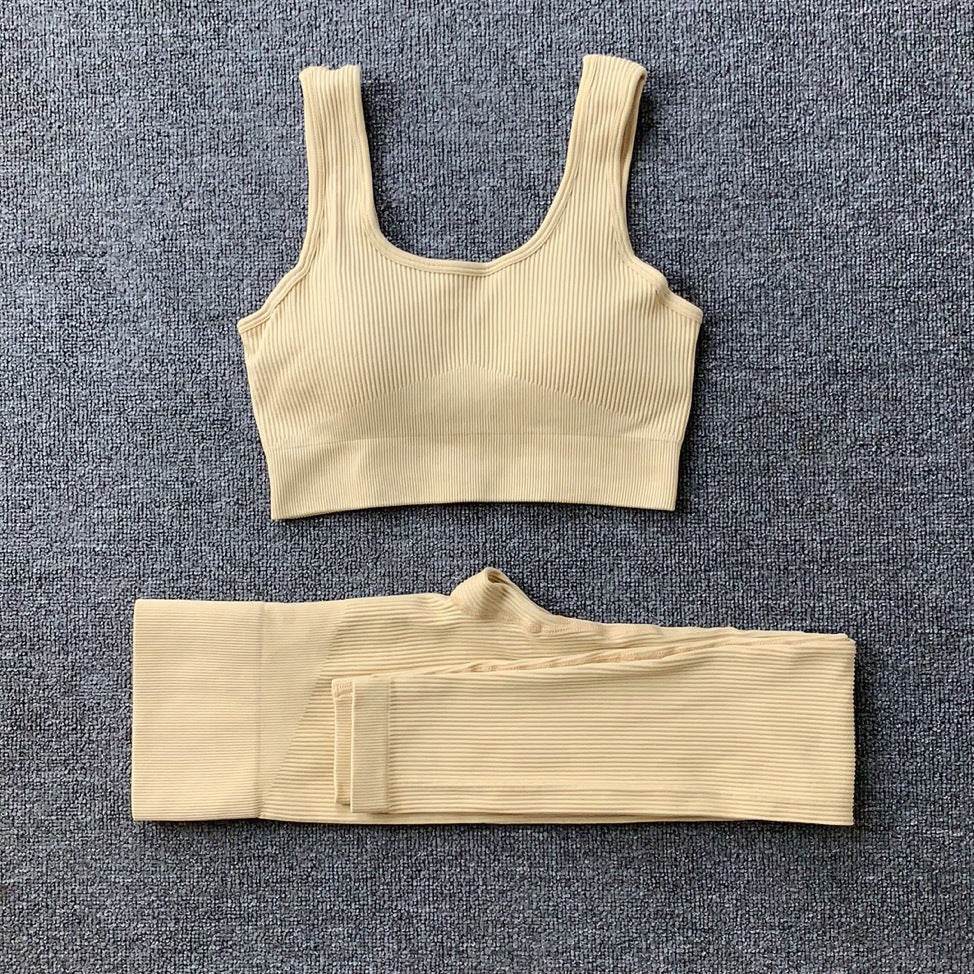 2pcs Thread Yoga Suit Seamless Bra And Butt Lifting High Waist Leggings Set For Women Sports Fitness Yoga Pants Sportswear Outfits Clothing - ProTrendyz