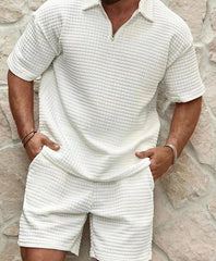 Men's Summer Casual Plaid Jacquard Weave Zip Short Sleeve Suit