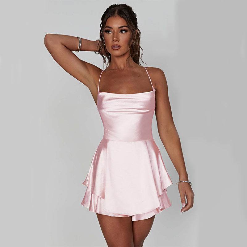 Sexy Suspender Skirt For Women Elegant Slim Strap Satin Backless Lace Up A-Line Short Dress Lady - ProTrendyz