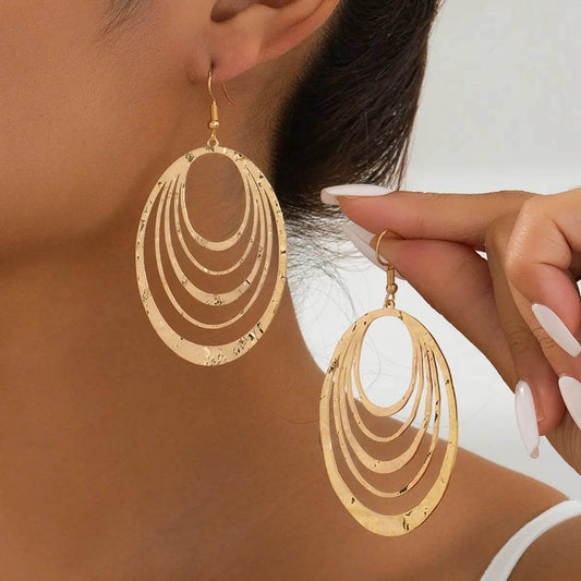 European And American Fashion Elegant 3 Layer Hollow Oval Shaped Big Gold-color Stainless Steel Dangle Drop Earrings - ProTrendyz