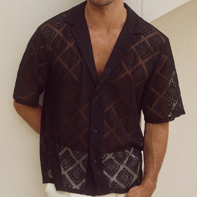 Fashion Mens Clothing Men's Hollow-out Breathable Short-sleeved Lapel Casual Shirt - ProTrendyz