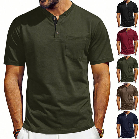 Men's Henley-neck Button-up Short-sleeve T-shirt