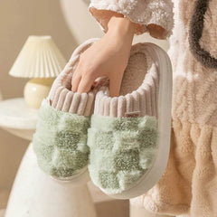 Plaid Plush Slippers Women's Indoor Plush Home Slippers Soft Sole Thick Non-Slip Warm House Shoes Couple Autumn And Winter - ProTrendyz