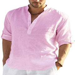 Men's Casual Cotton Linen Solid Color Long Sleeve Shirt Loose Stand Collar - ProTrendyz