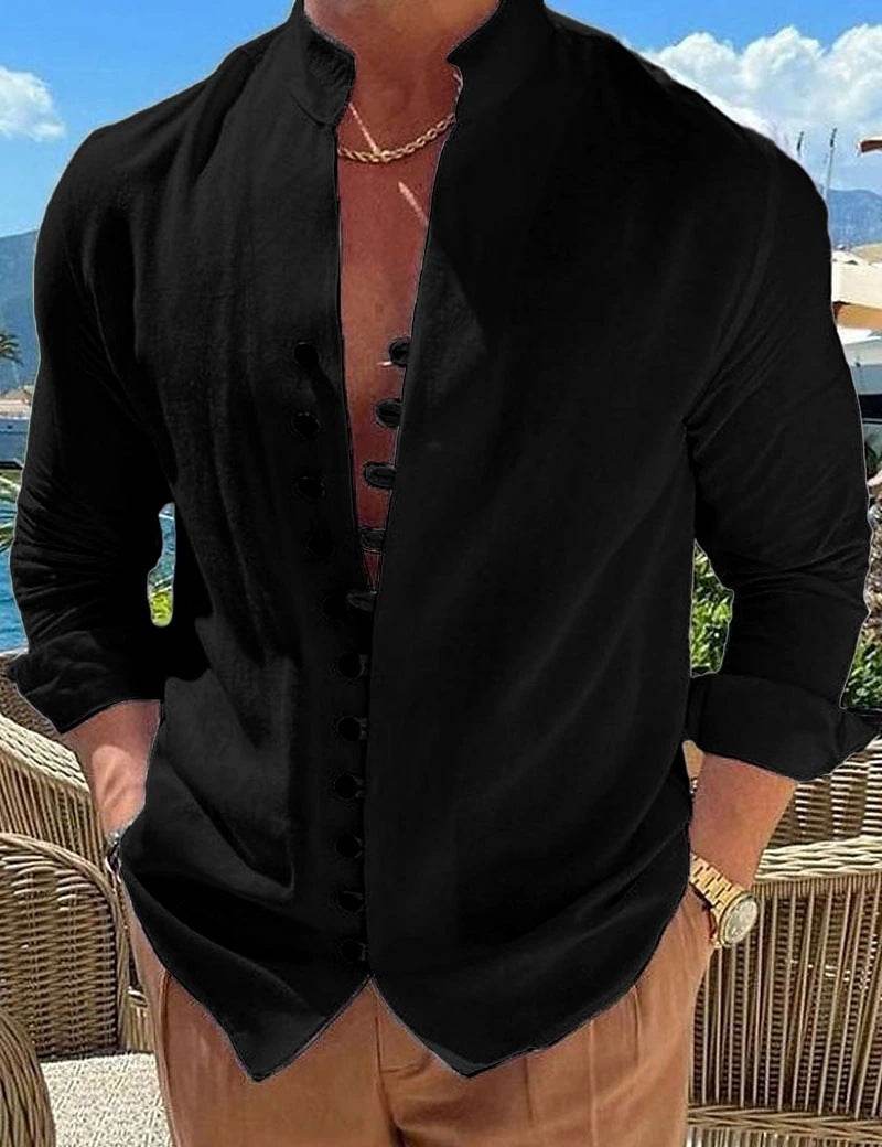 Retro Button Design Long-sleeved Shirt Men's Casual Loose Top Mens Clothing - ProTrendyz