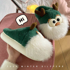 Cute Cartoon Christmas Deer Cotton Shoes Winter Indoor Floor Home Slippers Half-covered Heel Warm Plush Shoes Women - ProTrendyz