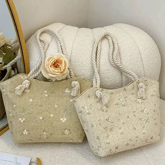 New And Simple Straw Bag Lace Bag Ins Straw Shoulder Bag Large Capacity Flower Fashion Women Handbag US - ProTrendyz