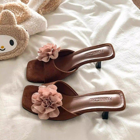 Vintage Floral One-Strap Sandal Slippers For Women, New 2026 Summer Style, French Square Toe, Fashionable Elegant Versatile High Heel Slides