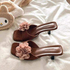 Vintage Floral One-Strap Sandal Slippers For Women, New 2026 Summer Style, French Square Toe, Fashionable Elegant Versatile High Heel Slides
