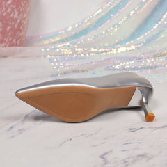 Women's Plus Size Silver Pointed Toe High Heels, Spring New Arrival Thin Heel Patent Leather Pumps, Professional & Wedding Party Shoes