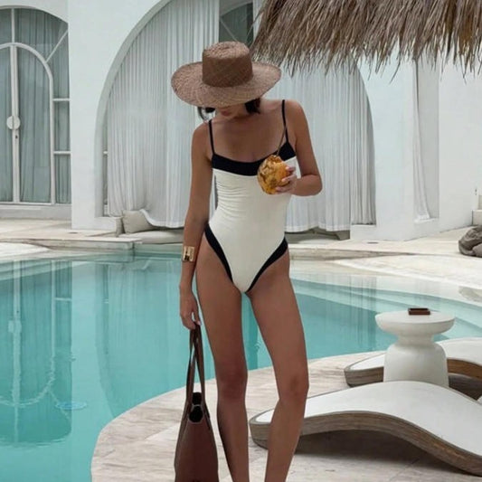 New Black-and-white Color-block Chanel-style One-piece Swimsuit