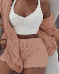 3pcs Womens Clothing Long Sleeve Crop Tank Top And Drawstring Shorts Pajama Set - ProTrendyz