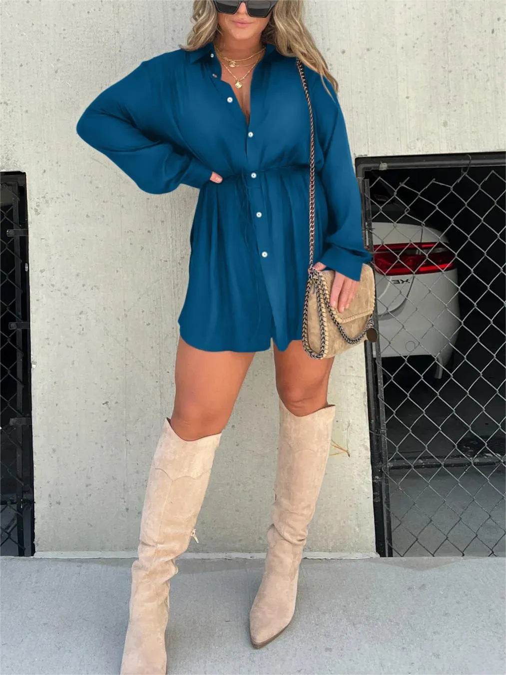 Women's Long Sleeve Jumpsuit With Button Fashion Shirt Dress - ProTrendyz