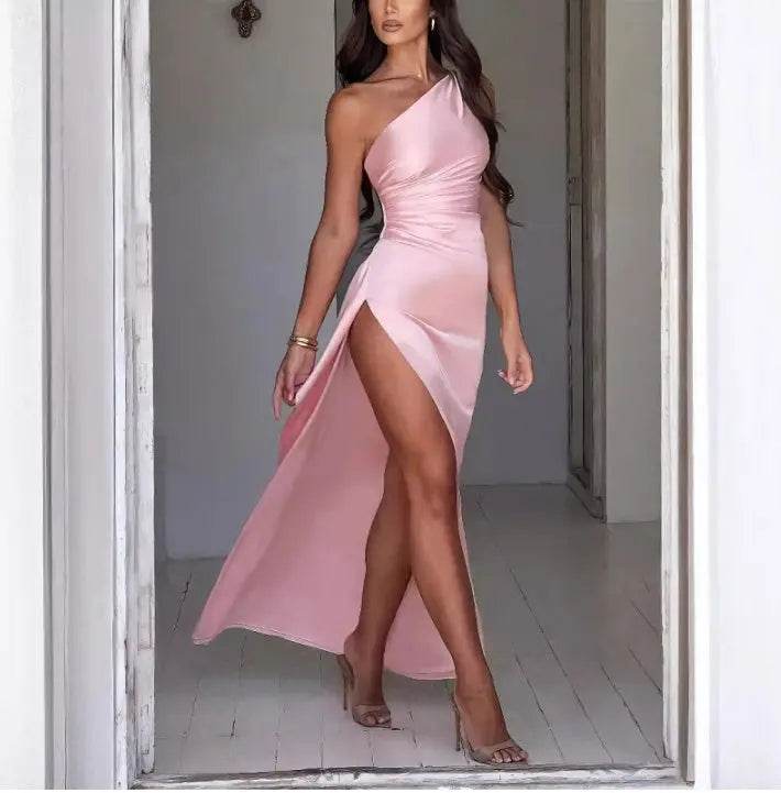 Sexy One-shoulder Backless Slit Dress Summer Elegant Slim-fit Solid Color Satin Dresses For Women - ProTrendyz